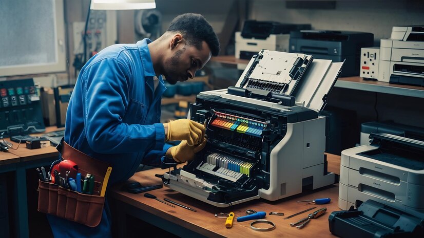 Technician repairing a printer